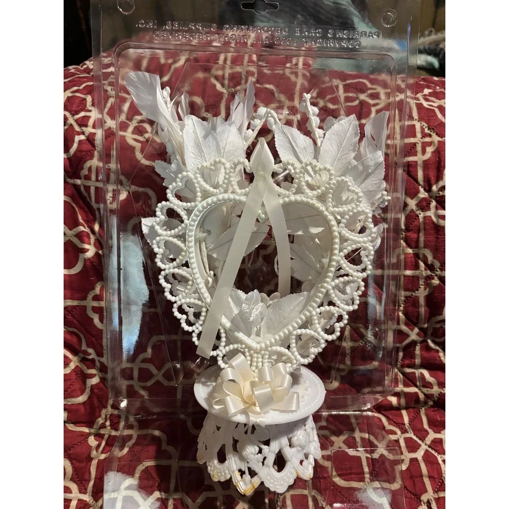 Vintage Parrish & Hennessey Wedding Cake Topper White Doves Heart Pearls 11in